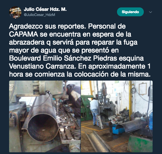 Atiende CAPAMA fuga intensiva de agua en Apizaco